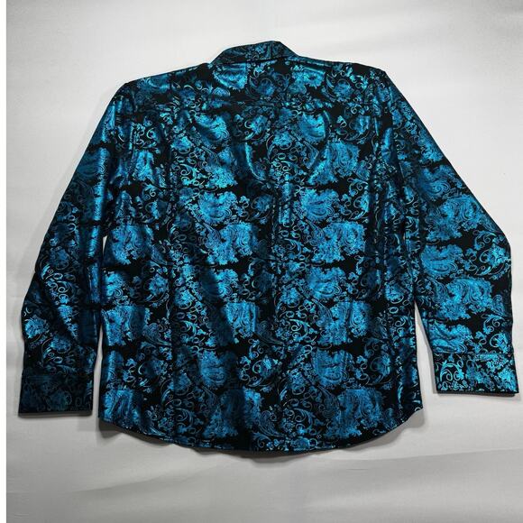Barry.Wang Men's Long Sleeve Black Blue Sheen Floral Dress Shirt - Size 2XL - Picture 2 of 3